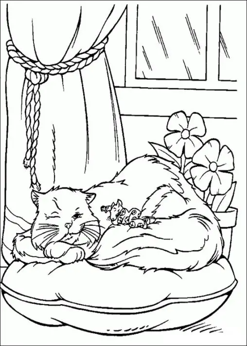 Kolorowanka kot leży pod oknem z zasłoną na poduszce z myszką na ogonie otwierając jedno oko