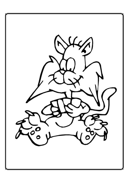 Kolorowanka kot leży wygodnie z rozłożonymi nogami i szeroką brodą trzymając cztery karty w rękach