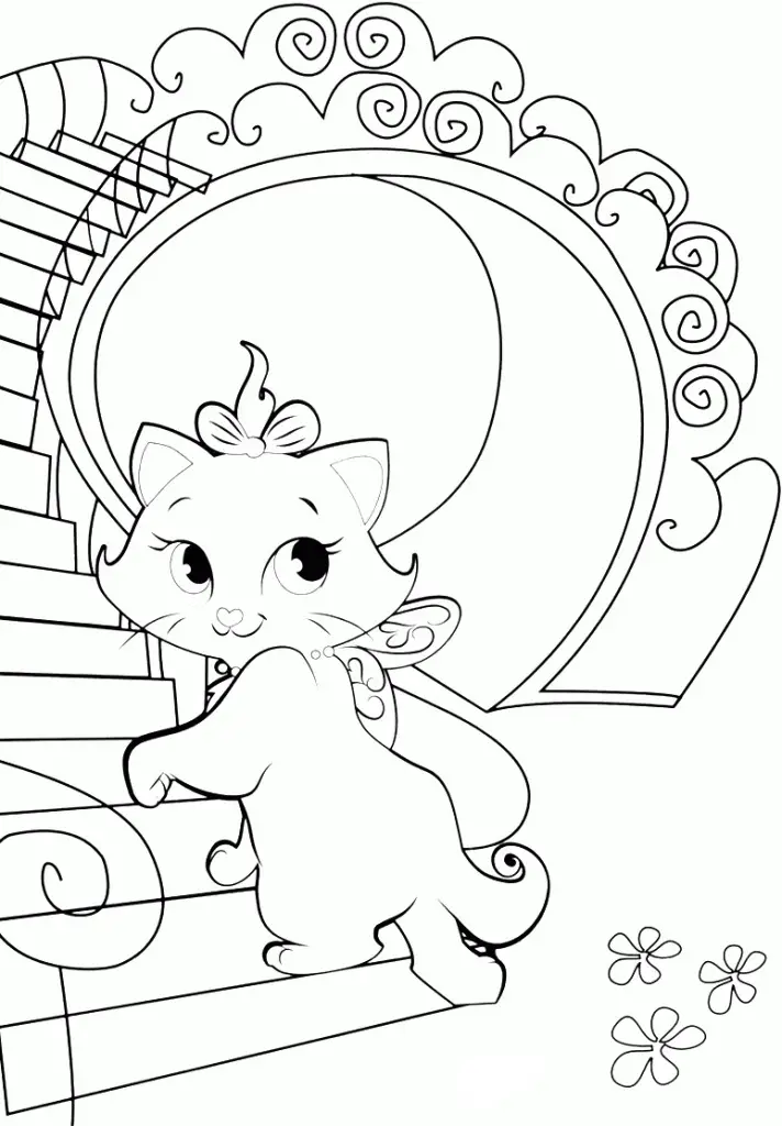 Kolorowanka kot mała urocza kotka z kitką na głowie wchodzi na kręcone schody