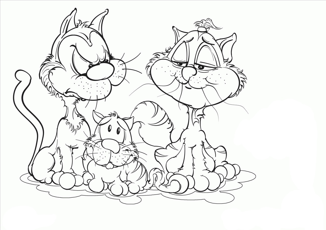 Kolorowanka kot mały i przestraszony siedzi obok dwóch dorosłych kotów rodziców