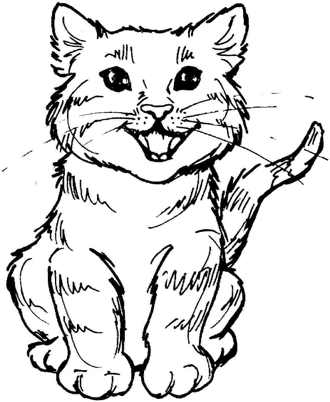 Kolorowanka kot mały kotek siedzi i się uśmiecha z długimi wąsami