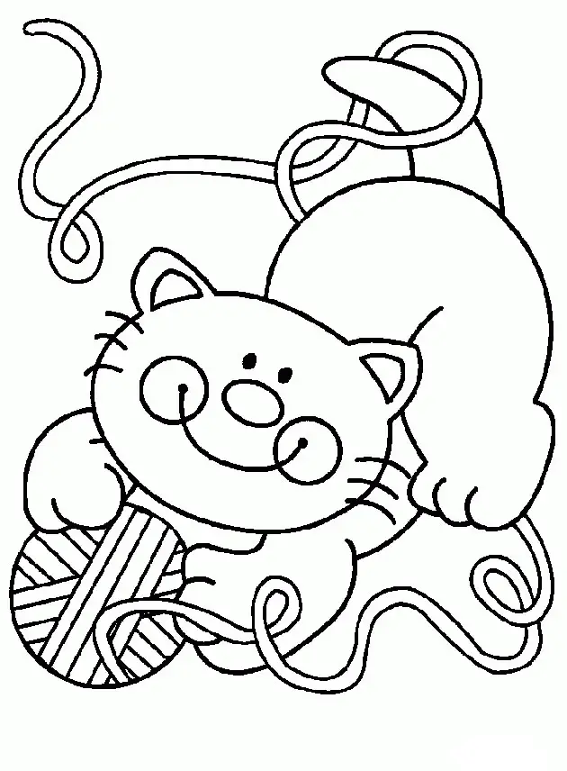 Kolorowanka kot mały okrągły z rumieńcami na policzkach bawi się rozwijając kłębek wełny