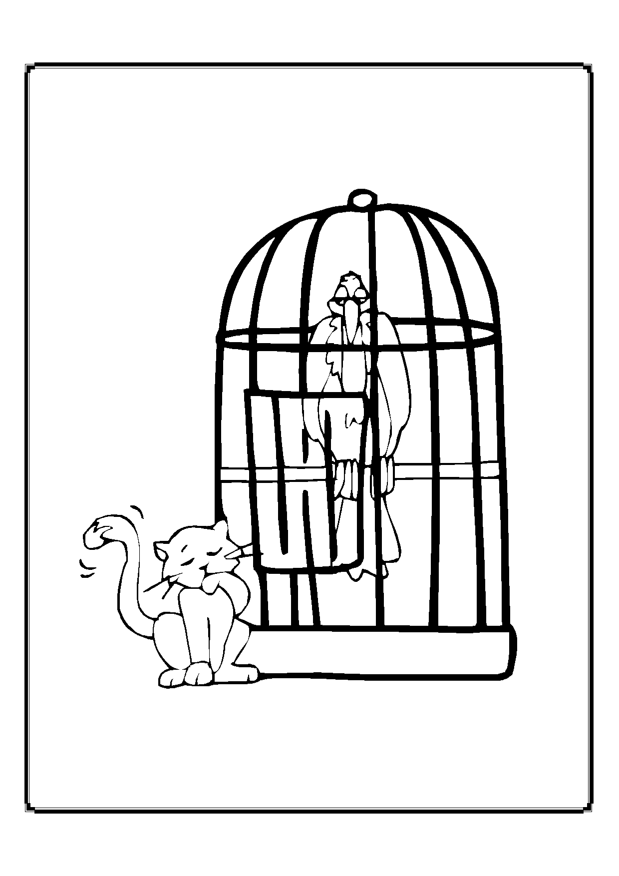 Kolorowanka kot mały siedzi przy klatce z sępem w środku i macha ogonem