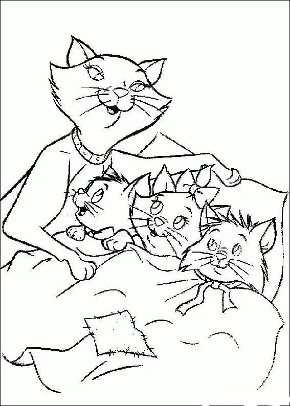 Kolorowanka kot matka kładzie do spania trzy małe kotki i przykrywa je kołdrą