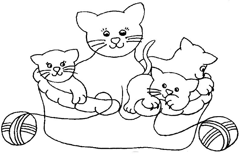 Kolorowanka kot matka siedzi w legowisku wraz z młodymi kotkami bawiącymi się kłębkami wełny