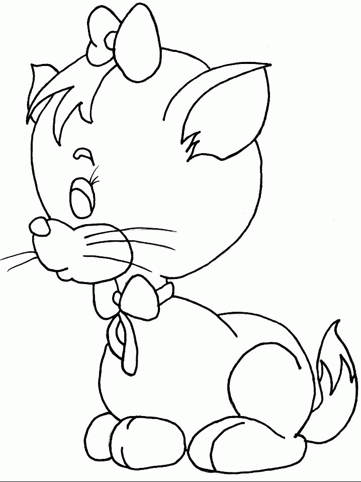 Kolorowanka kot młody z dużą głową i kokardką na szyi oraz na czubku głowy