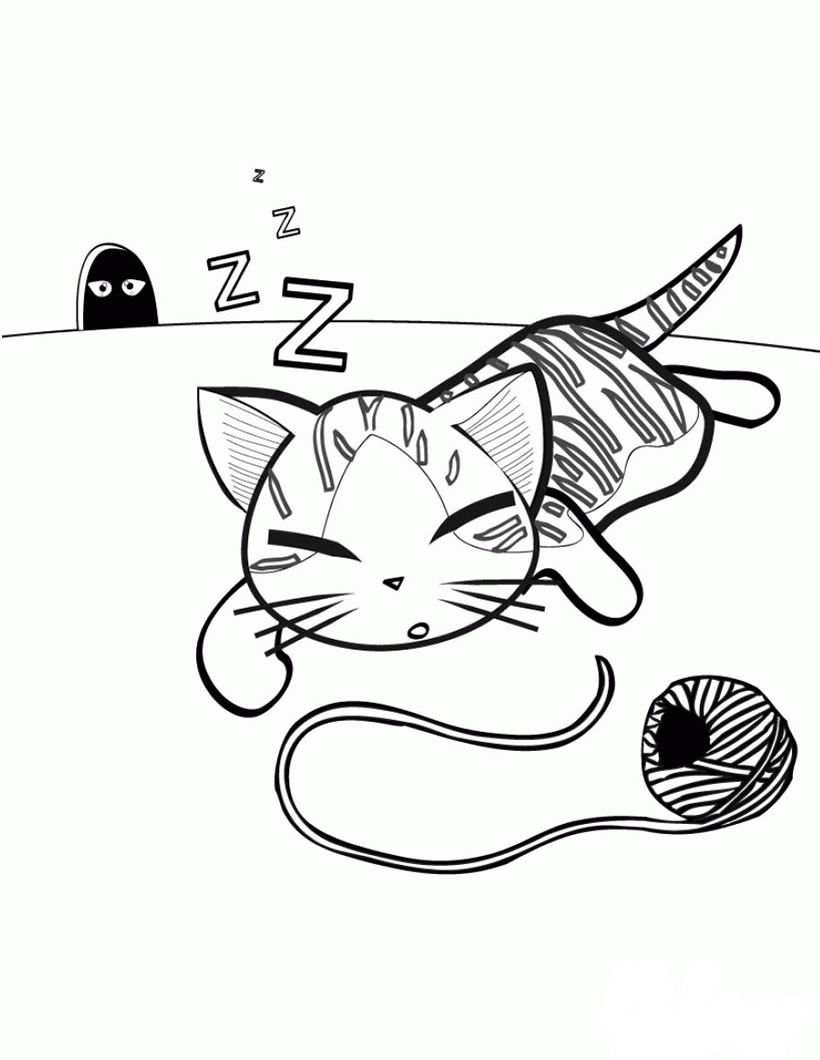 Kolorowanka kot mocno śpi obok włóczki wełnianej i norki, w której widać oczy myszy
