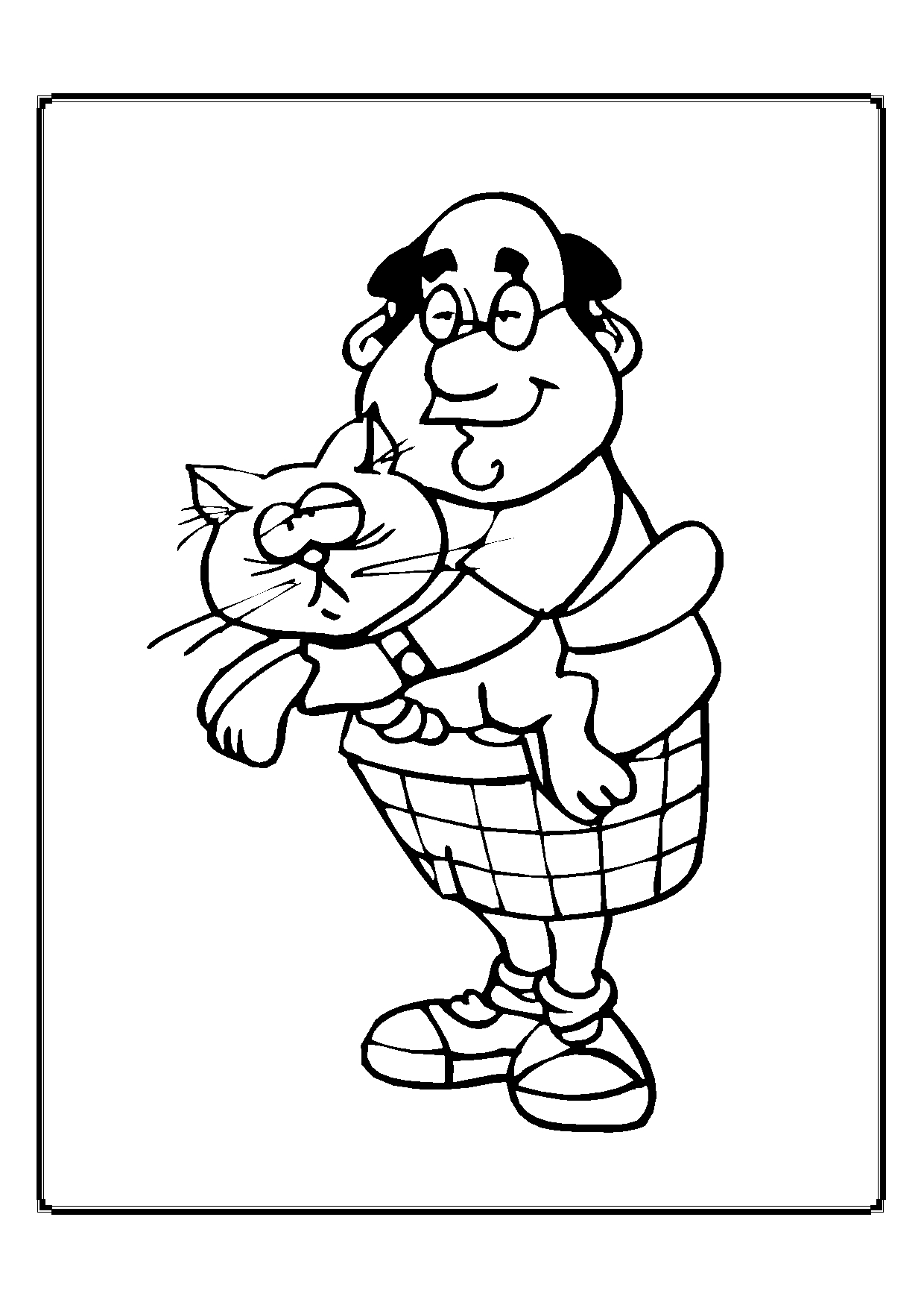 Kolorowanka kot niezadowolony jest przytulany przez łysiejącego mężczyznę
