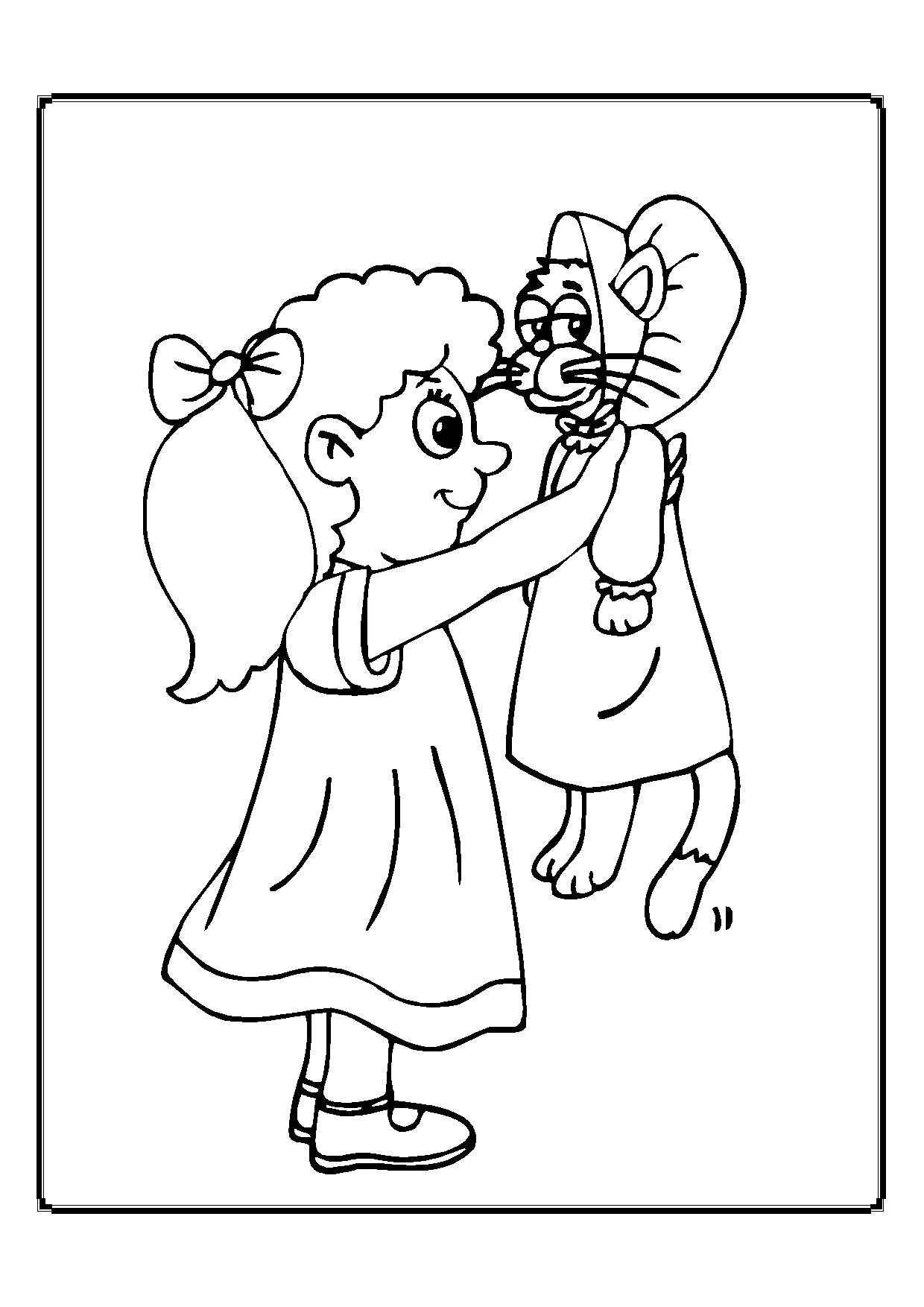 Kolorowanka kot niezadowolony w stroju niemowlaka jest trzymany przez małą dziewczynkę w sukience