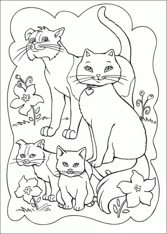 Kolorowanka kot ojciec stoi dumny na łące obok kwiatka i swojej kocicy wraz z małymi kotkami