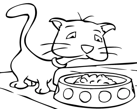 Kolorowanka kot patrzy niezadowolony na dużą miskę z karmą dla kota
