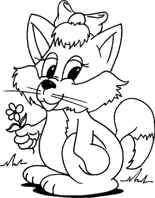 Kolorowanka kot przypominający lisa siedzi z kwiatkiem w łapce i kokardką na głowie