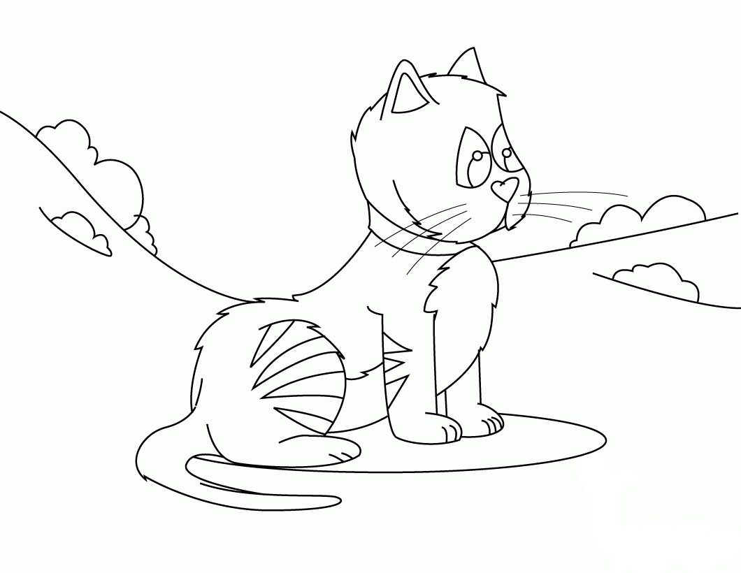 Kolorowanka kot puchaty z krótką mordką siedzi na trawie patrząc się dużymi oczami