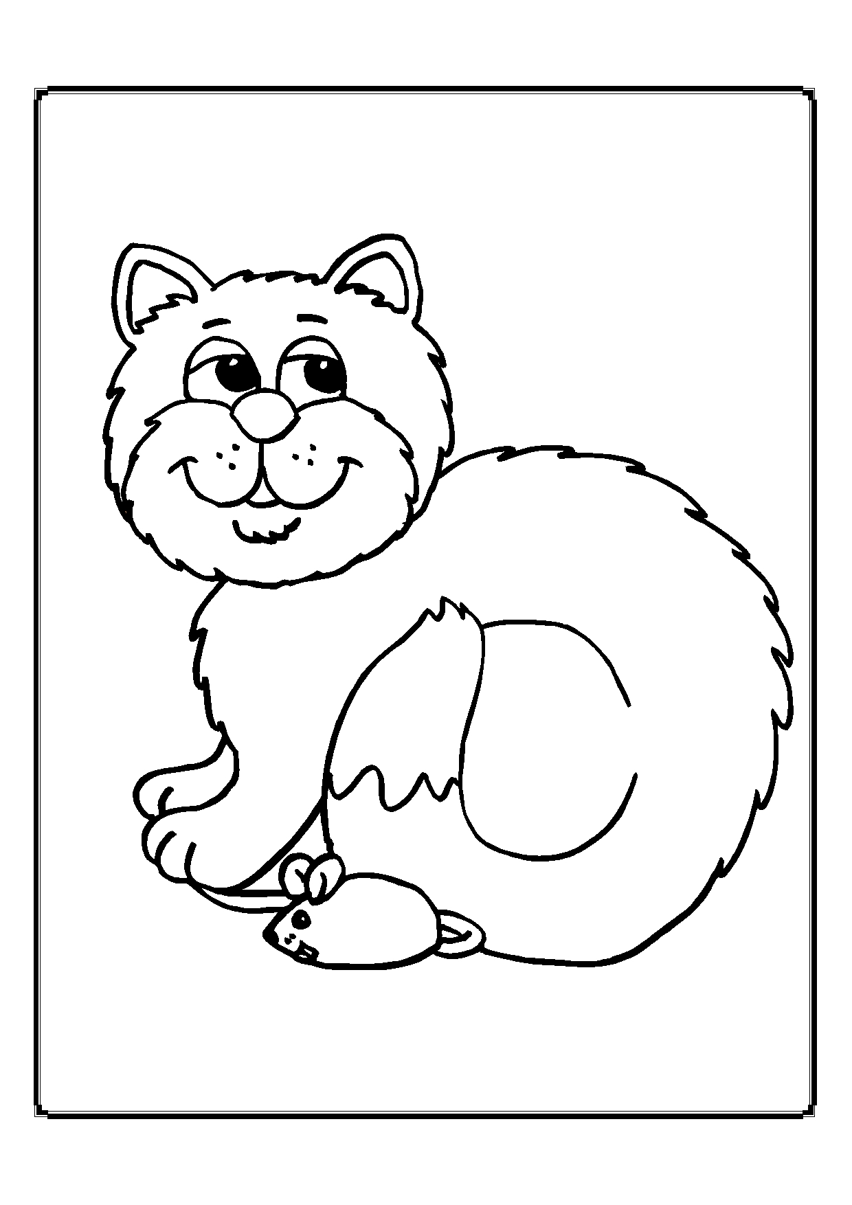 Kolorowanka kot puszysty z białą końcówką ogona siedzi zadowolony z brodą przy myszce