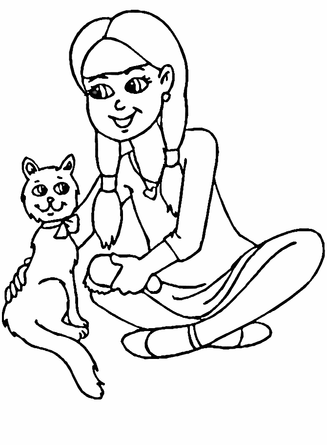 Kolorowanka kot siedzi grzecznie uśmiechając się do siedzącej obok po turecku dziewczynki z warkoczami