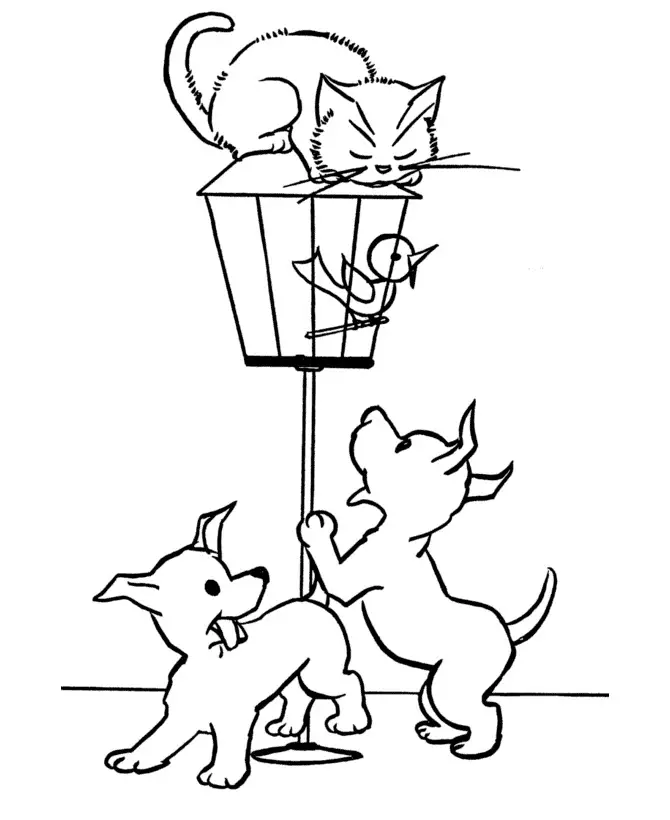 Kolorowanka kot siedzi na klatce z ptakiem i chowa się przed dwoma szczeniakami