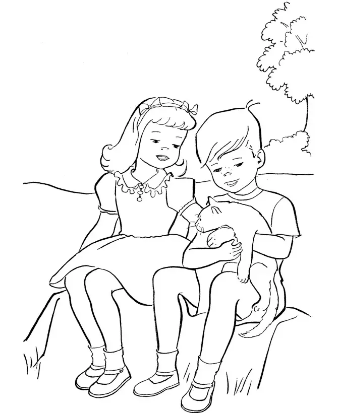 Kolorowanka kot siedzi na kolanie przytulającego go chłopca obok dziewczynki w sukience