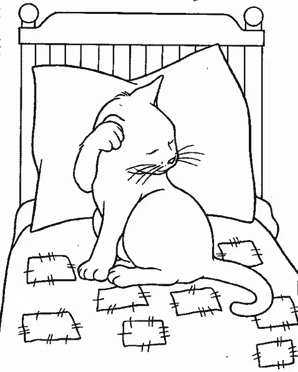 Kolorowanka kot siedzi na łóżku z cerowaną kołdrą i drapie się łapą po głowie