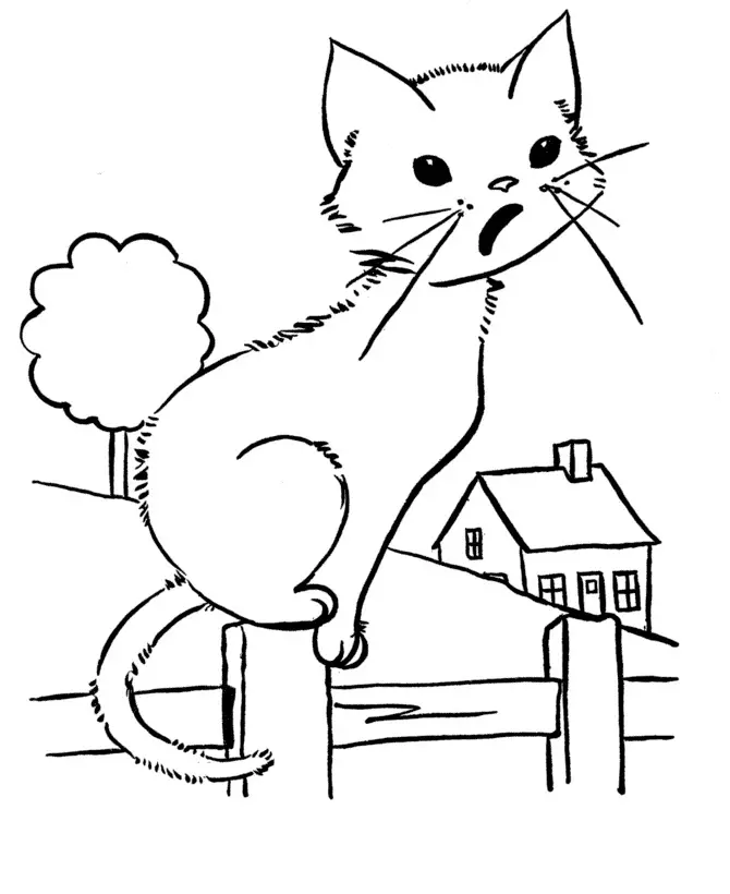 Kolorowanka kot siedzi na płocie jak kogut obok domku i ziewa