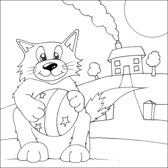 Kolorowanka kot siedzi na polu przy domku i bawi się dużą bombką