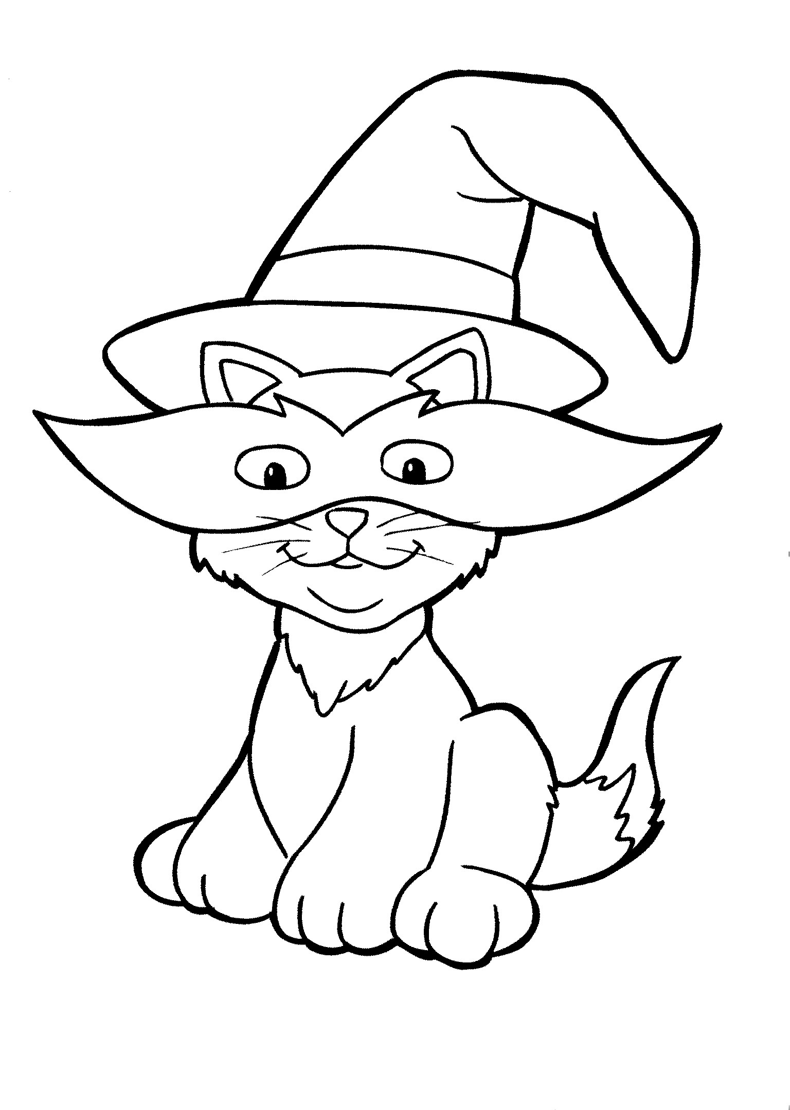 Kolorowanka kot siedzi na pupie z maską na oczach oraz dużym kapeluszem czarodzieja