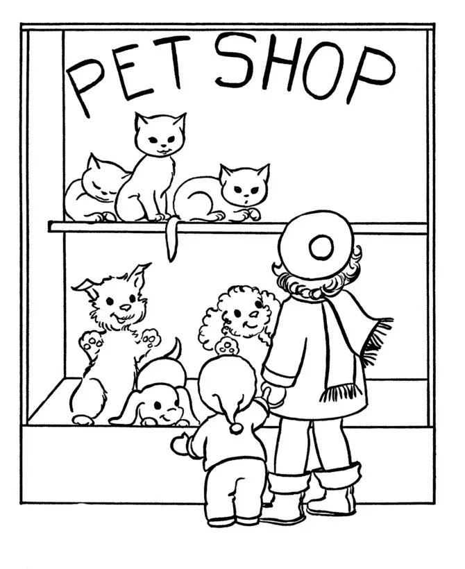 Kolorowanka kot siedzi na wystawie obok dwóch innych kotów i psów i jest oglądany przez dzieci
