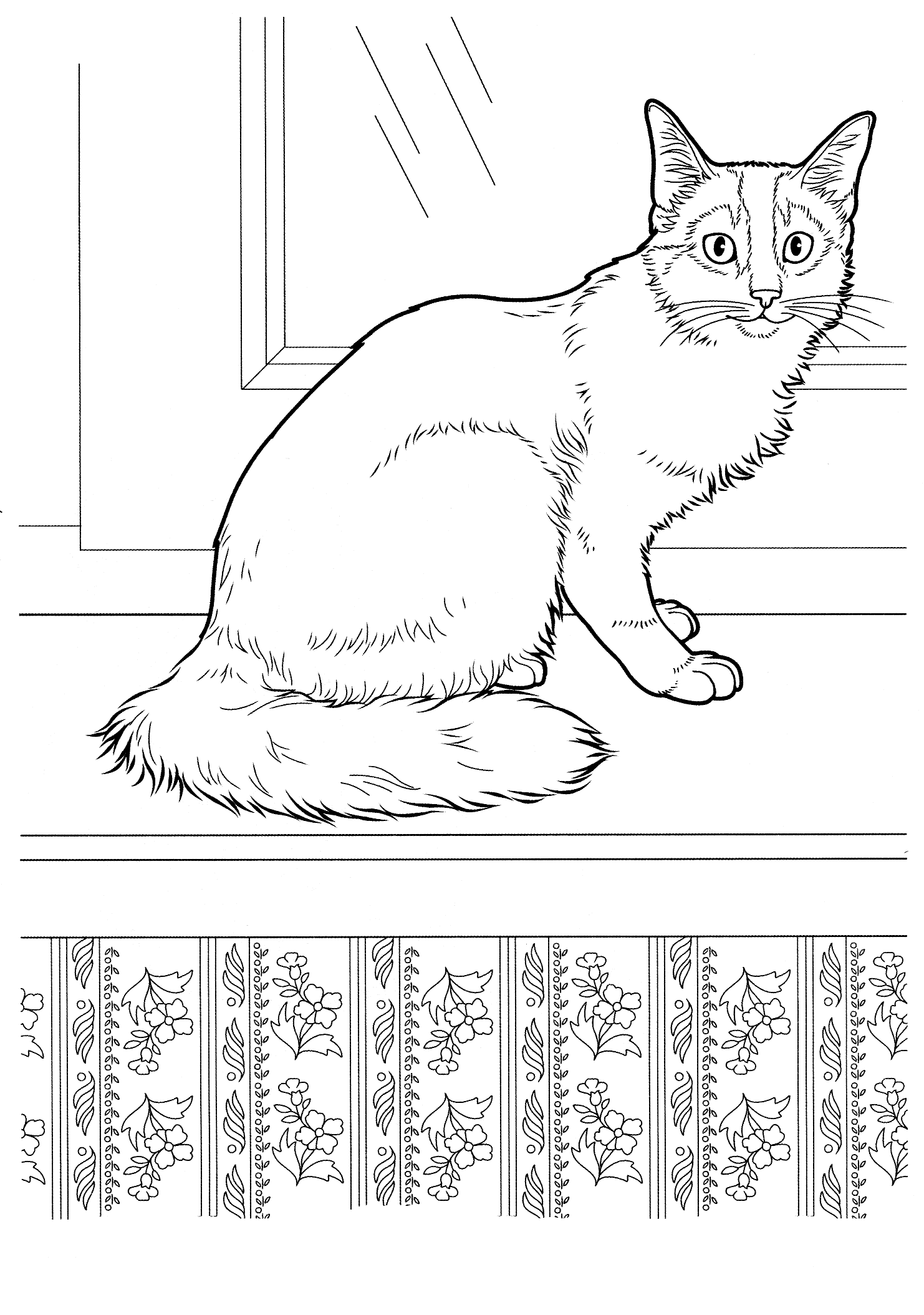 Kolorowanka kot siedzi napuszony na parapecie przy oknie pod ozdobioną tapetą ścianą