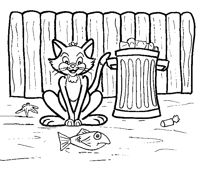 Kolorowanka kot siedzi pod płotem przy koszu i patrzy się uśmiechnięty na rybę