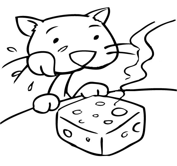 Kolorowanka kot siedzi przy stole oblizując się i patrząc na śmierdzący ser z dziurami