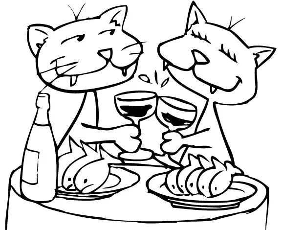 Kolorowanka kot siedzi przy stole z rybami na talerzach i stuka się kieliszkiem wina z drugim kotem przy stole