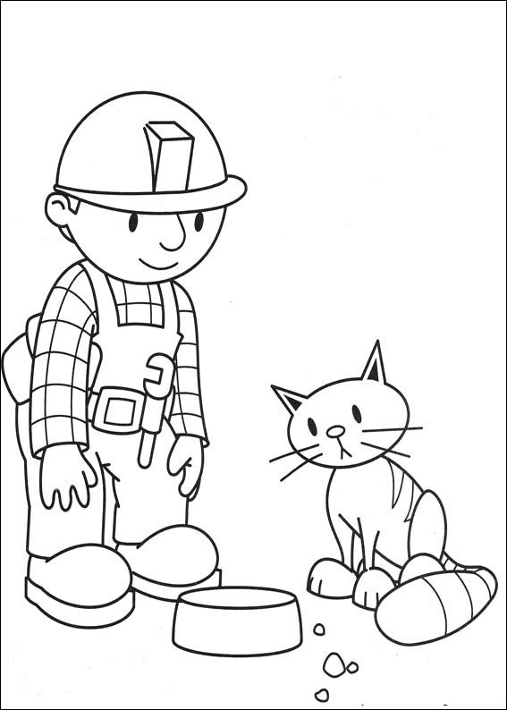 Kolorowanka kot siedzi smutny obok Boba budowniczego i patrzy się z nim na pustą miskę