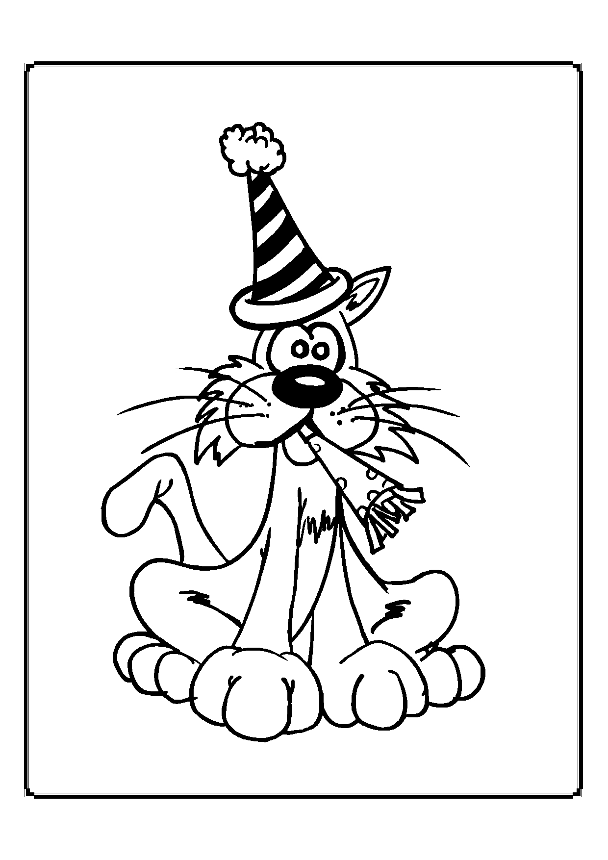 Kolorowanka kot siedzi w czapce z pomponem i konfetti w ustach