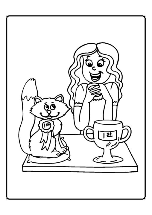 Kolorowanka kot siedzi z medalem obok pucharu i zachwyconej dziewczyny