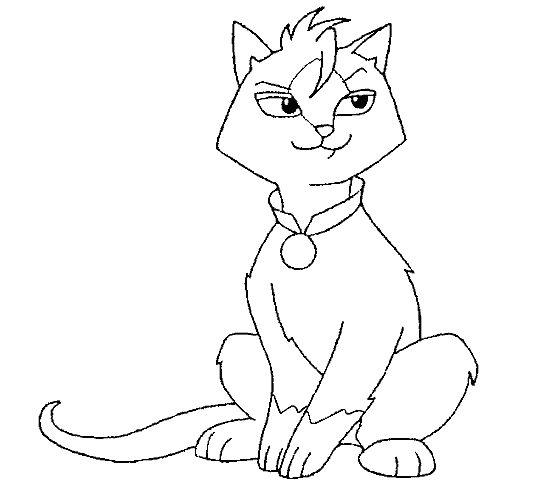 Kolorowanka kot siedzi z naszyjnikiem i krótką fryzurą patrząc się w bok