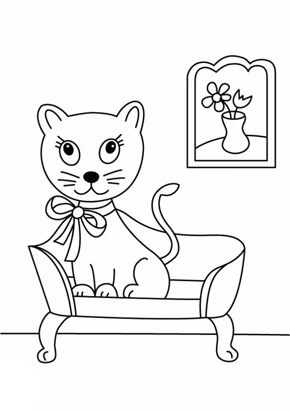 Kolorowanka kot siedzi ze wstążką na szyi na kanapie przy obrazie wiszącym na ścianie