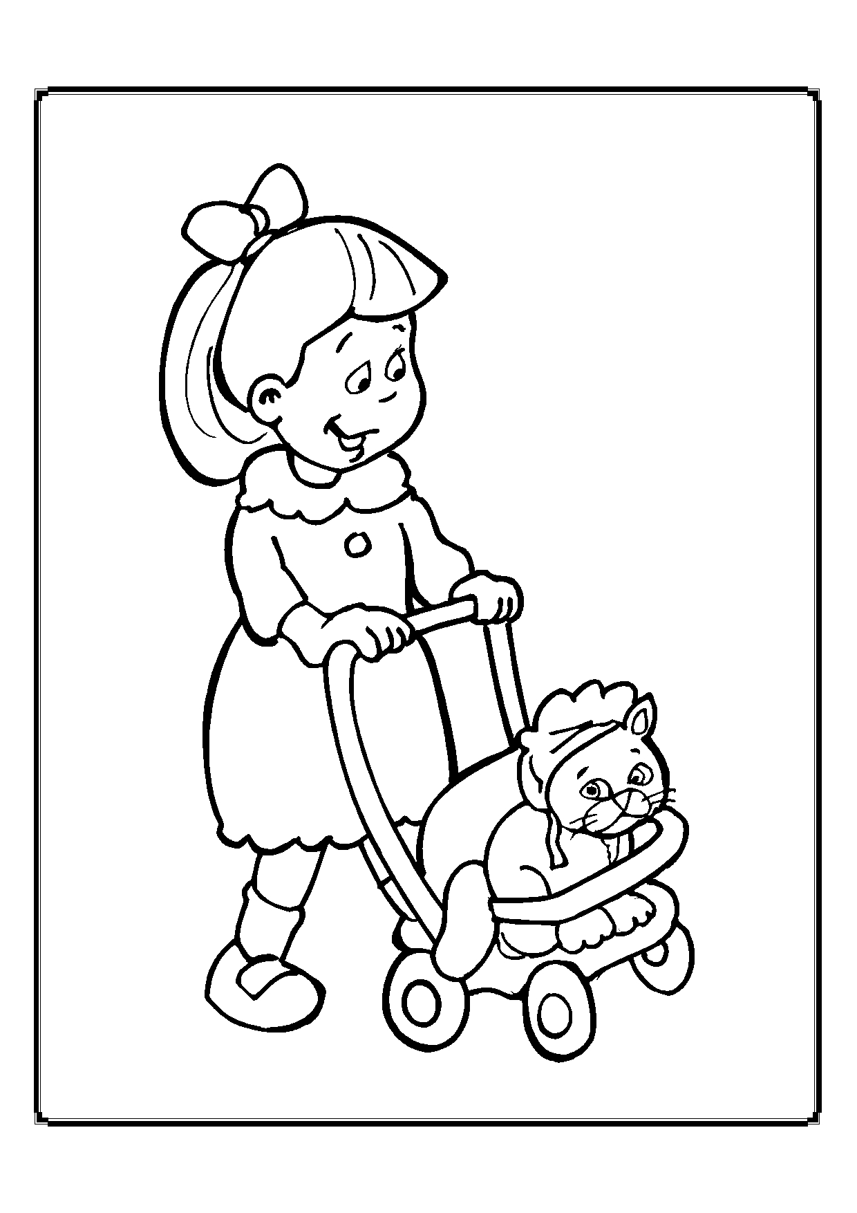 Kolorowanka kot smutny siedzi w czepku w wózeczku dla dzieci pchanego przez młodą dziewczynkę