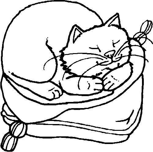 Kolorowanka kot śpi mocno na poduszce uśmiechnięty z długimi wąsami