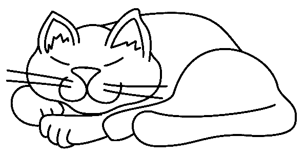 Kolorowanka kot śpi na brzuchu z uśmiechem na pysku i uniesionymi trójkątnymi uszami