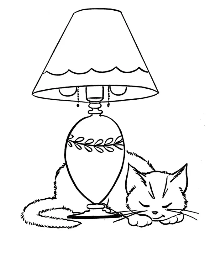 Kolorowanka kot śpi spokojnie pod ozdobną lampą z dużym kloszem