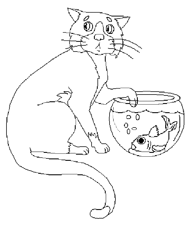 Kolorowanka kot stary siedzi przed miską z rybką w środku i wkłada do niej łapę