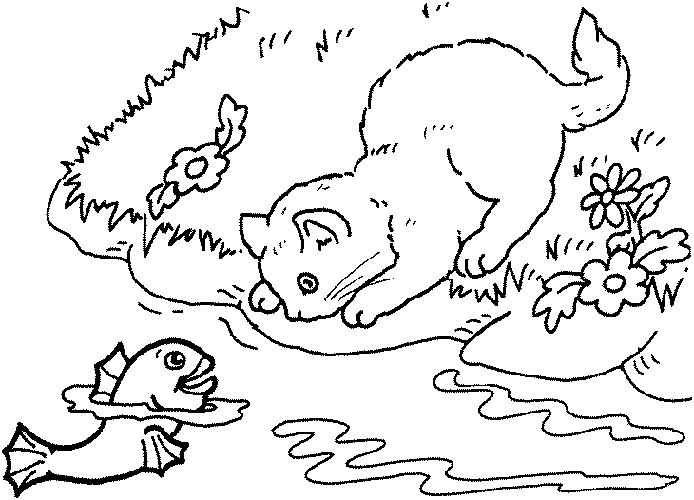 Kolorowanka kot stoi na brzegu i patrzy się na wynurzającą się z wody uśmiechniętą rybkę