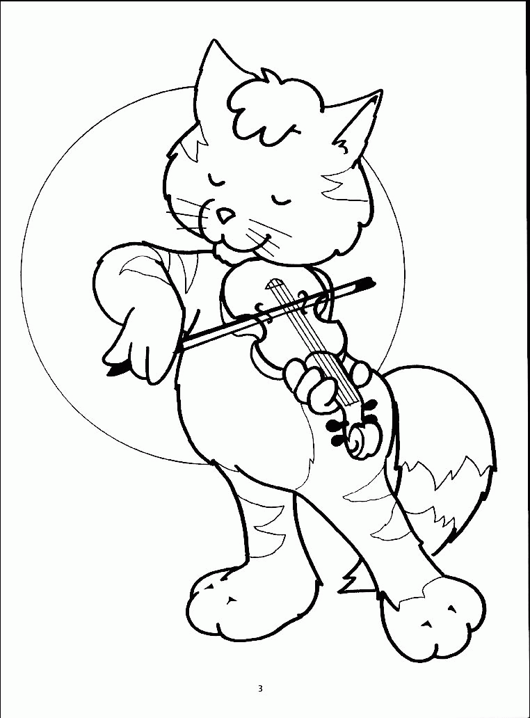 Kolorowanka kot stoi na dwóch łapach i gra na skrzypcach z zamkniętymi oczami