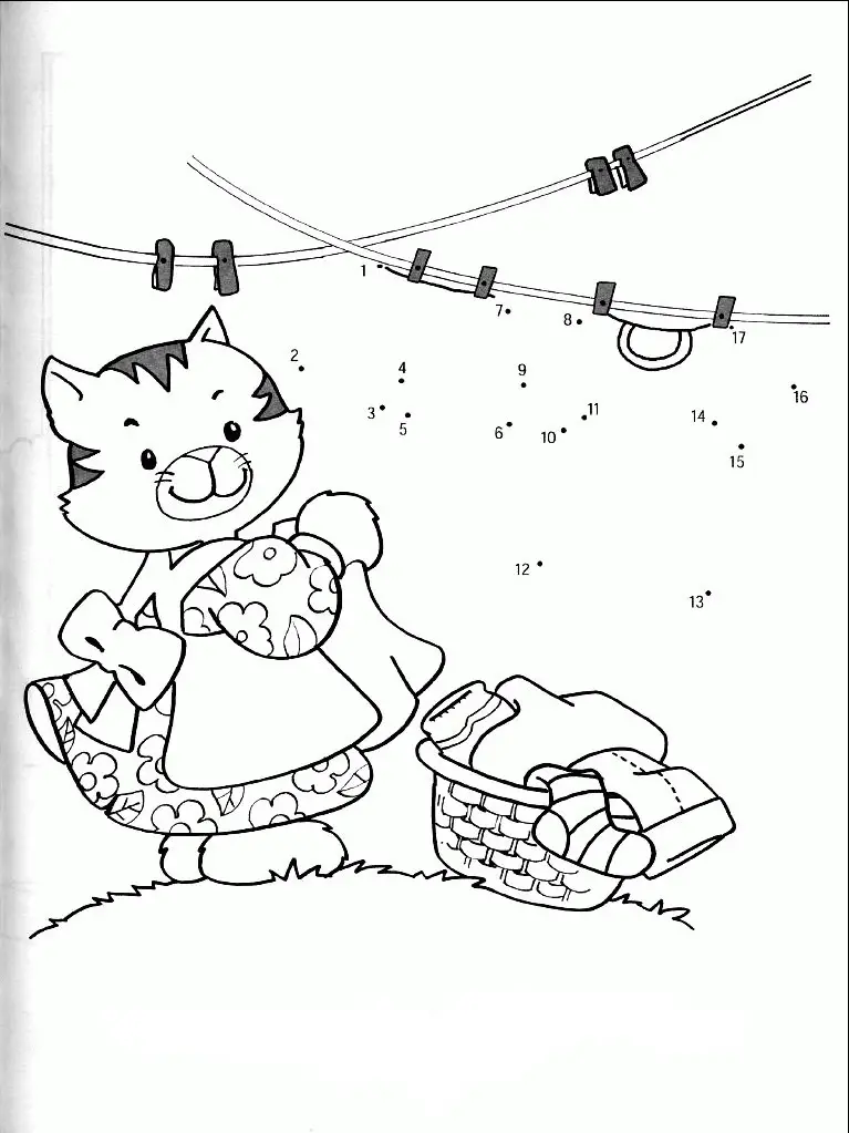 Kolorowanka kot stoi na dwóch łapach i ściąga pranie z linek do kosza