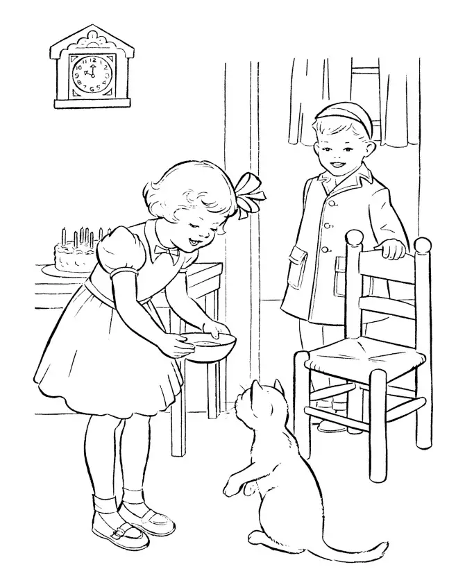 Kolorowanka kot stoi na dwóch łapkach w kuchni i czeka aż mała dziewczynka poda miskę z mlekiem