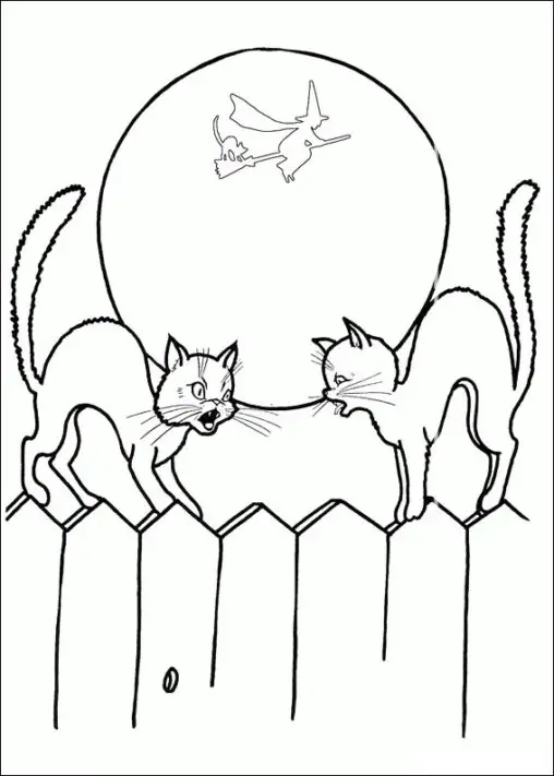 Kolorowanka kot stoi na płocie z drugim kotem i się koci w świetle Księżyca z widoczną wiedźmą