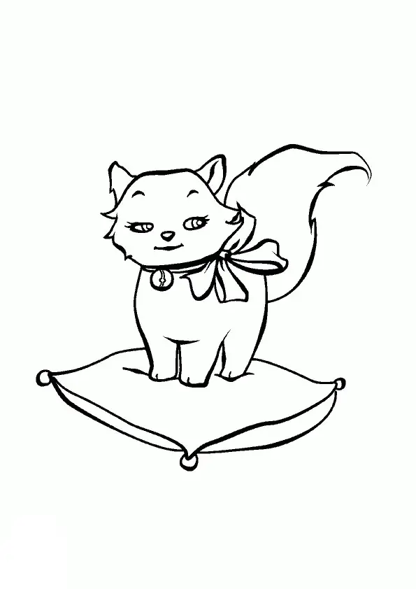 Kolorowanka kot stoi na poduszce z dużą kokardką na szyi i dzwoneczkiem