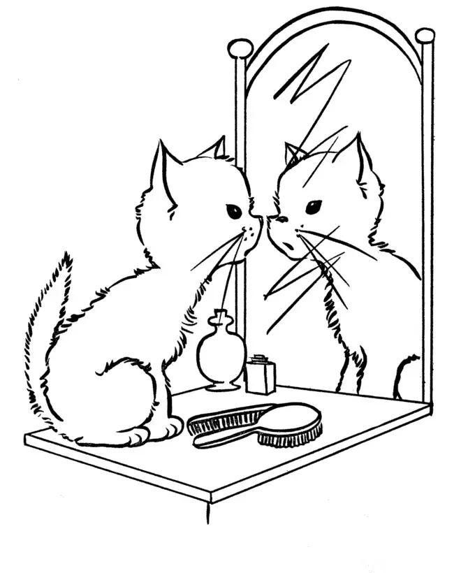 Kolorowanka kot stoi na stoliku obok grzebieni i perfumów i patrzy się w swoje odbicie w lustrze
