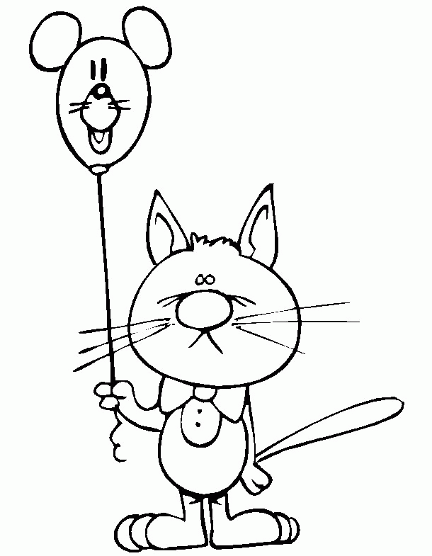 Kolorowanka kot stoi niezadowolony w kubraczku i trzyma w łapce balon w kształcie głowy myszy