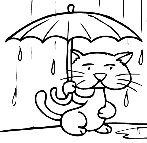 Kolorowanka kot stoi pod dużym parasolem trzymanym w łapce podczas deszczu