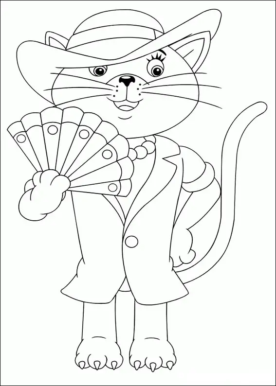 Kolorowanka kot stoi w eleganckim płaszczu z kapeluszem na głowie i wachlarzem w łapie
